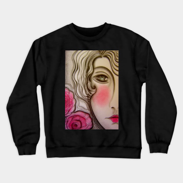 art deco pink lady girl doll dolly face rose pink grey Crewneck Sweatshirt by jacquline8689